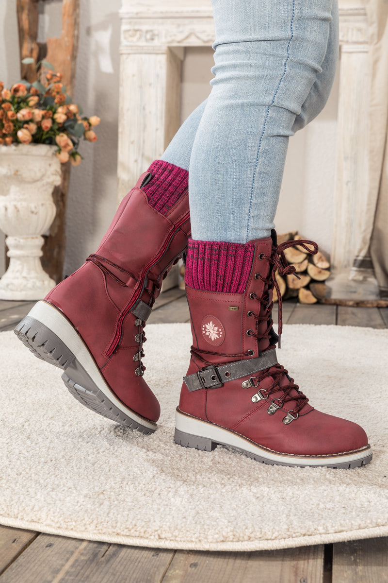 En Bloom | Ribbed-Cuff Buckle-Strap Boot - Red