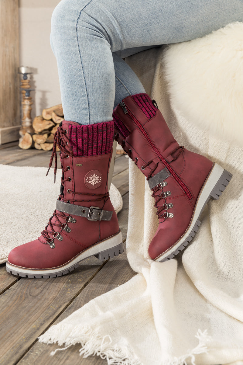 En Bloom | Ribbed-Cuff Buckle-Strap Boot - Red