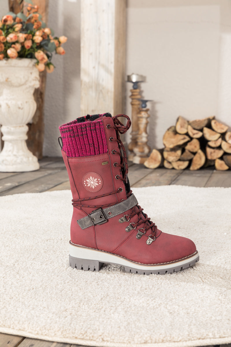 En Bloom | Ribbed-Cuff Buckle-Strap Boot - Red