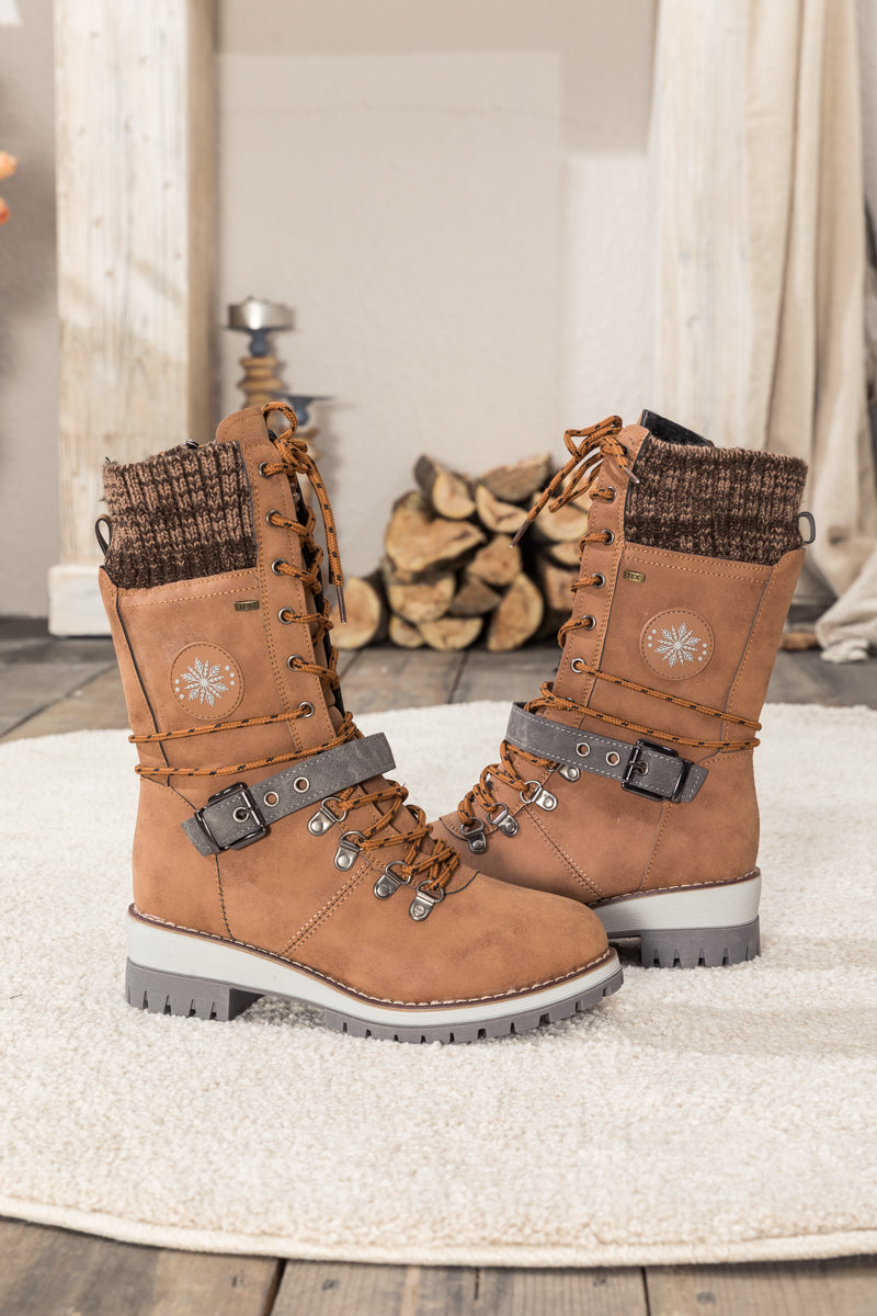 En Bloom | Ribbed-Cuff Buckle-Strap Boot - Brown