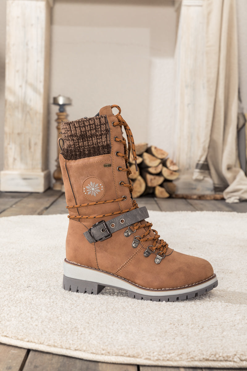 En Bloom | Ribbed-Cuff Buckle-Strap Boot - Brown