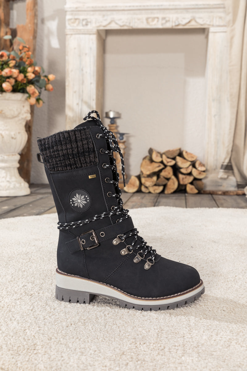 En Bloom | Ribbed-Cuff Buckle-Strap Boot - Black