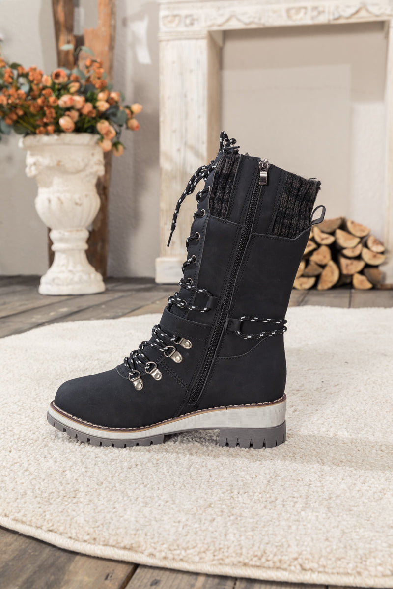 En Bloom | Ribbed-Cuff Buckle-Strap Boot - Black