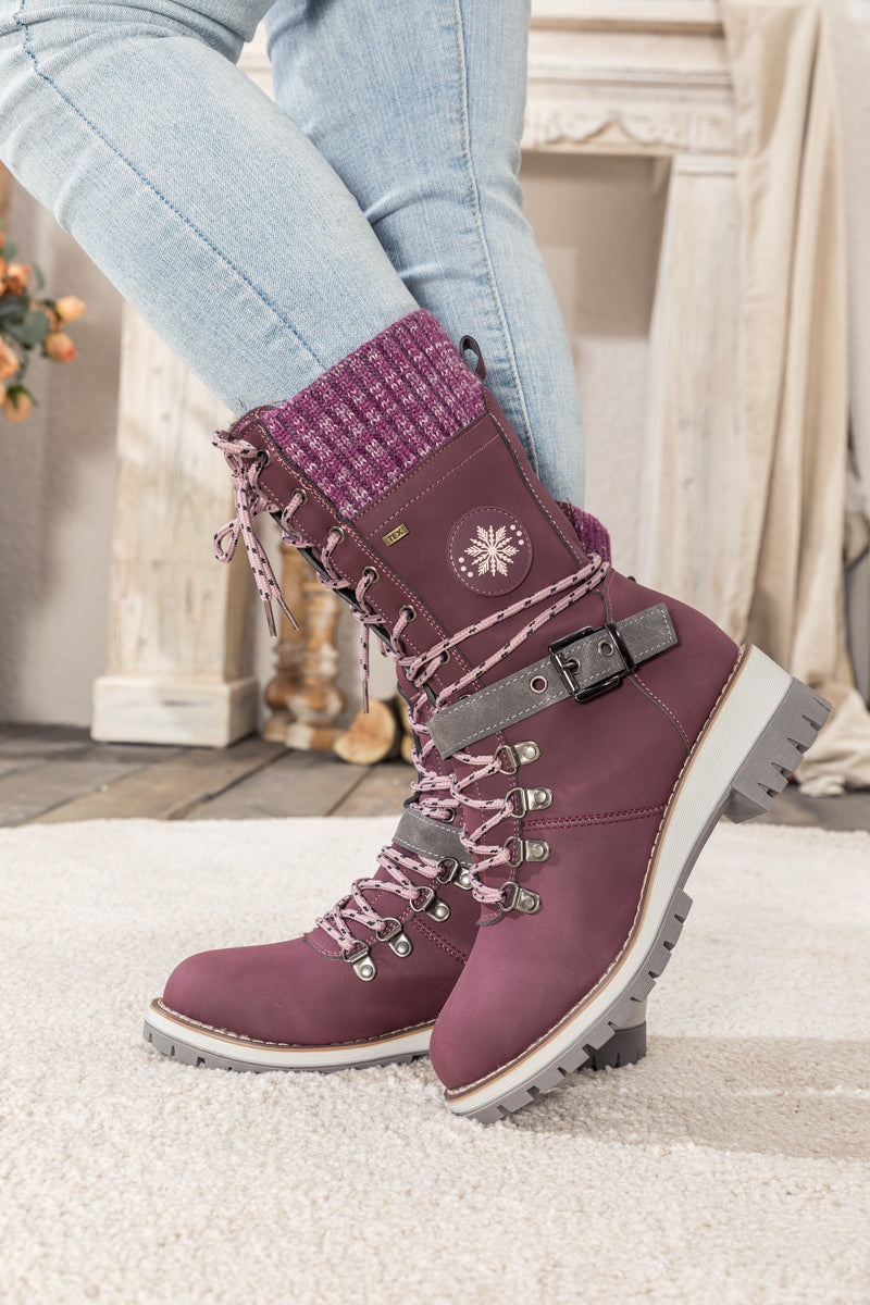 En Bloom | Ribbed-Cuff Buckle-Strap Boot - Purple