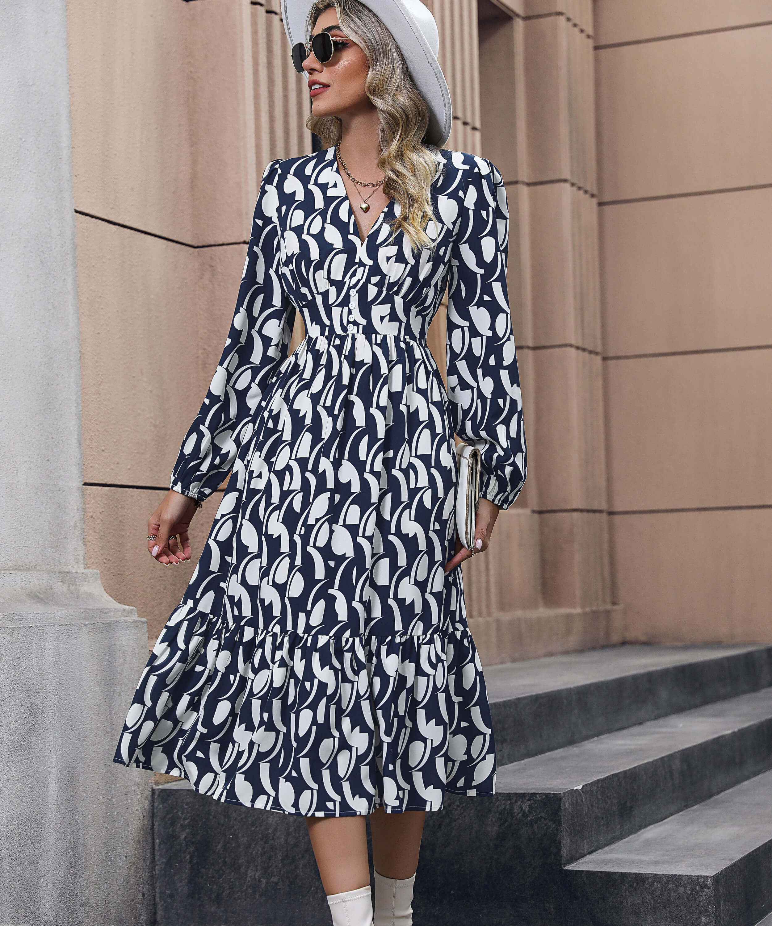 Casley Elegance Geometry Print Maxi Dress - Navy