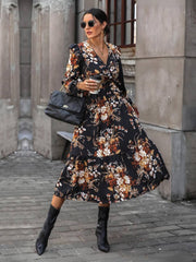 Harvest Love Floral Print Tiered Midi Dress