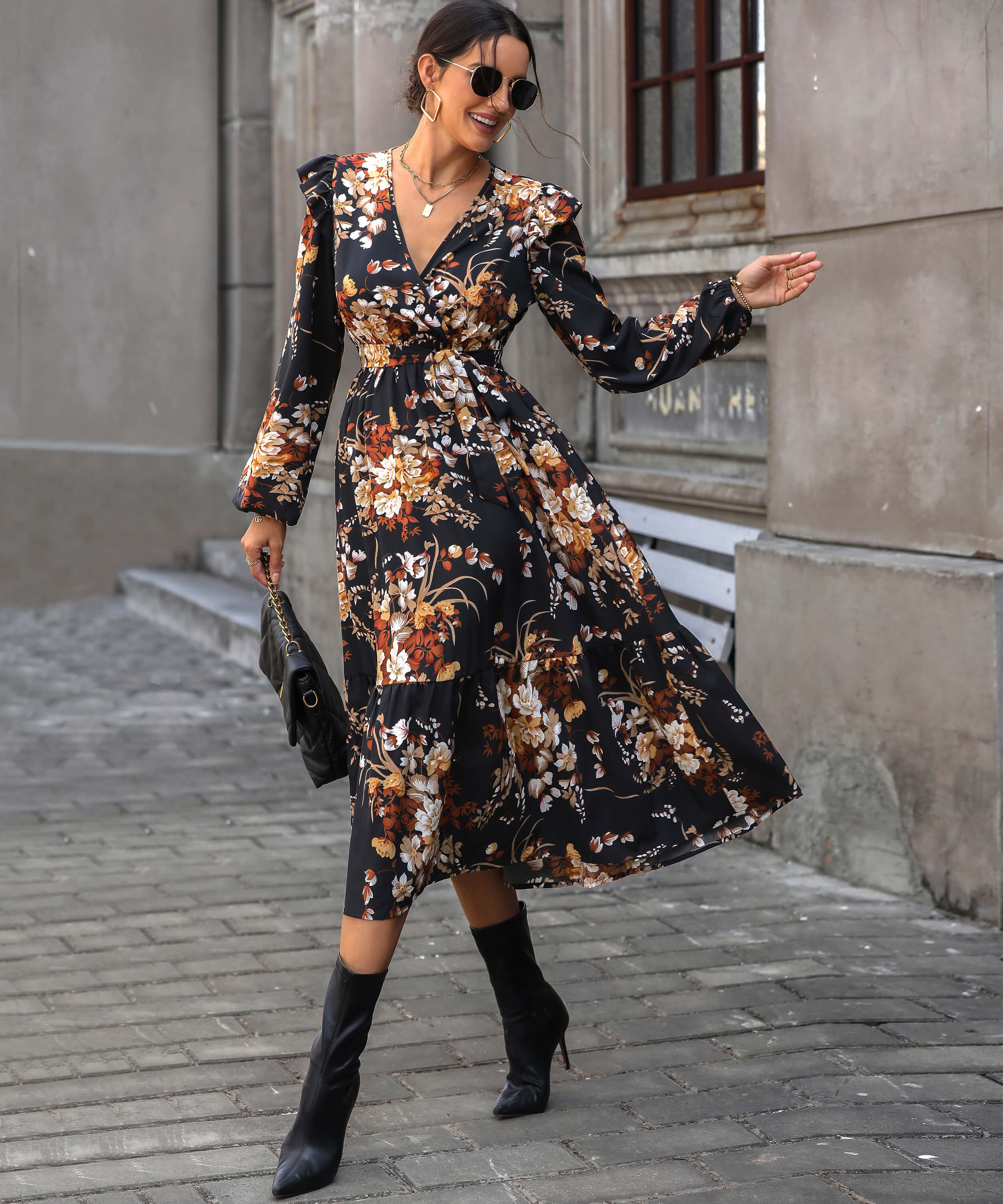 Harvest Love Floral Print Tiered Midi Dress