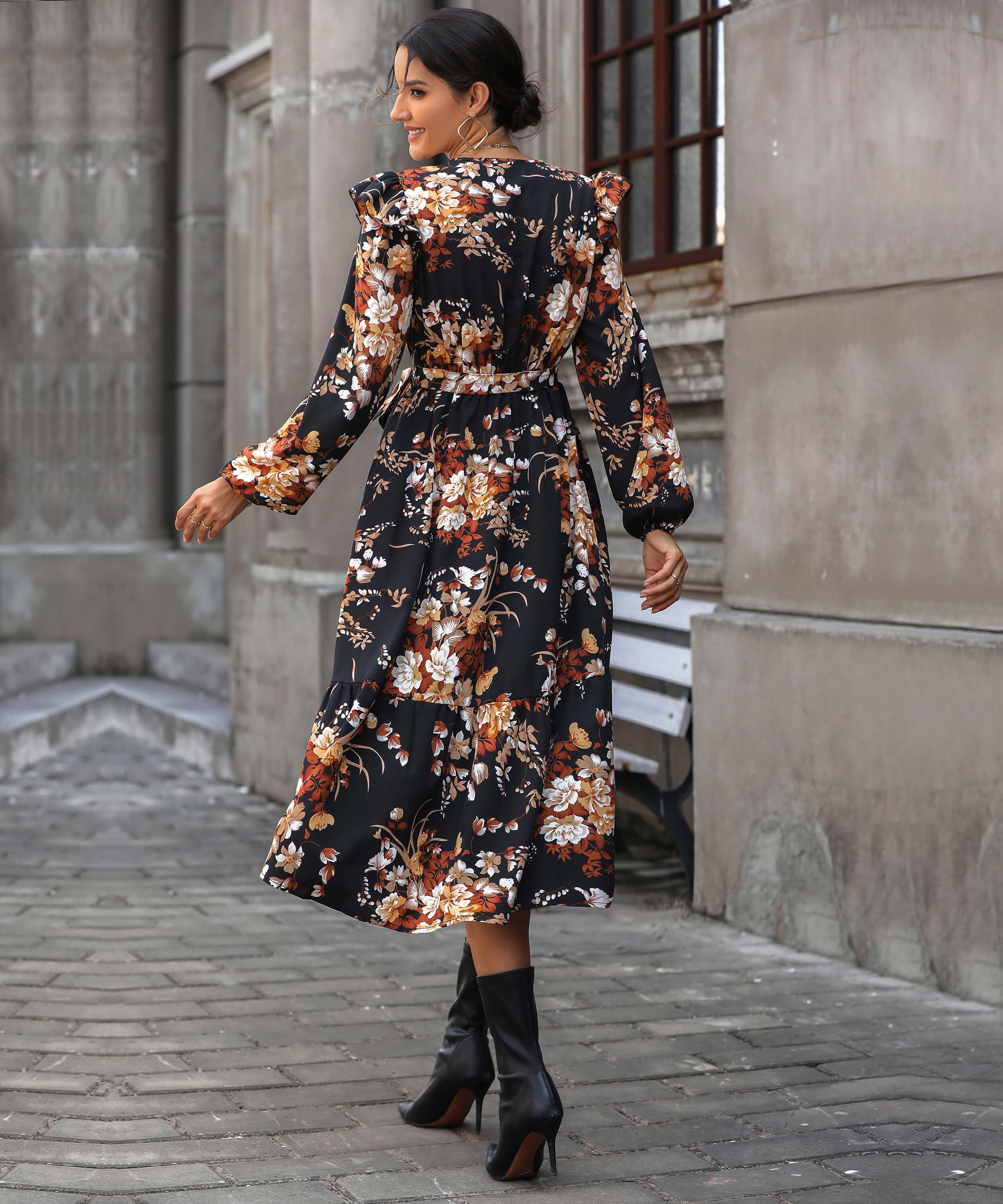 Harvest Love Floral Print Tiered Midi Dress