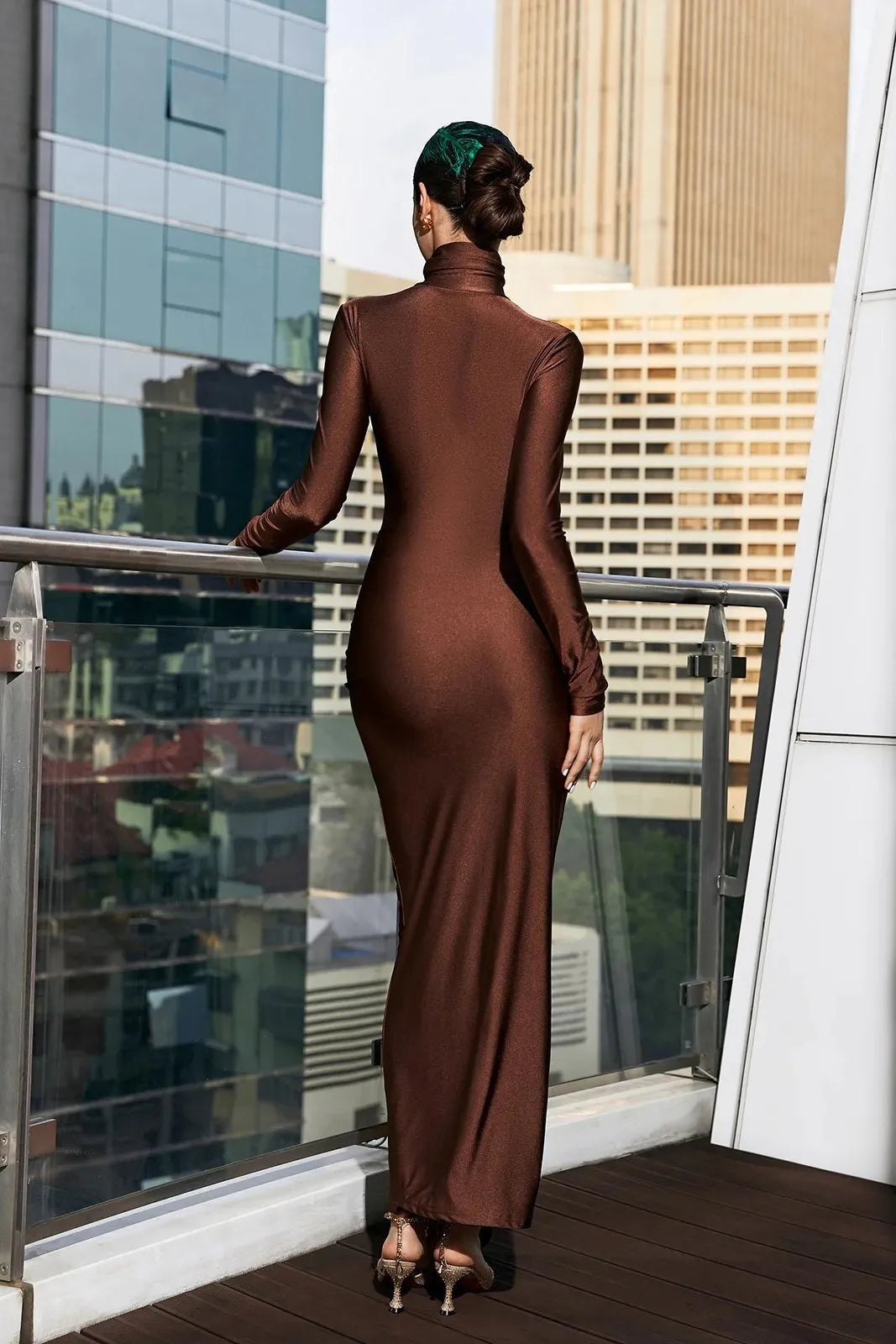 Adalee Brown Wrap Ruched Long Sleeve Maxi Bodycon Dress