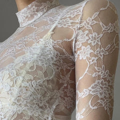 Aesthetic Lace Top Women Elegant Sexy Clothing See Through Half High Collar Long Sleeve T Shirts Party Clothes Clubwear Crop Top