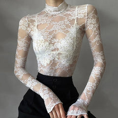 Aesthetic Lace Top Women Elegant Sexy Clothing See Through Half High Collar Long Sleeve T Shirts Party Clothes Clubwear Crop Top