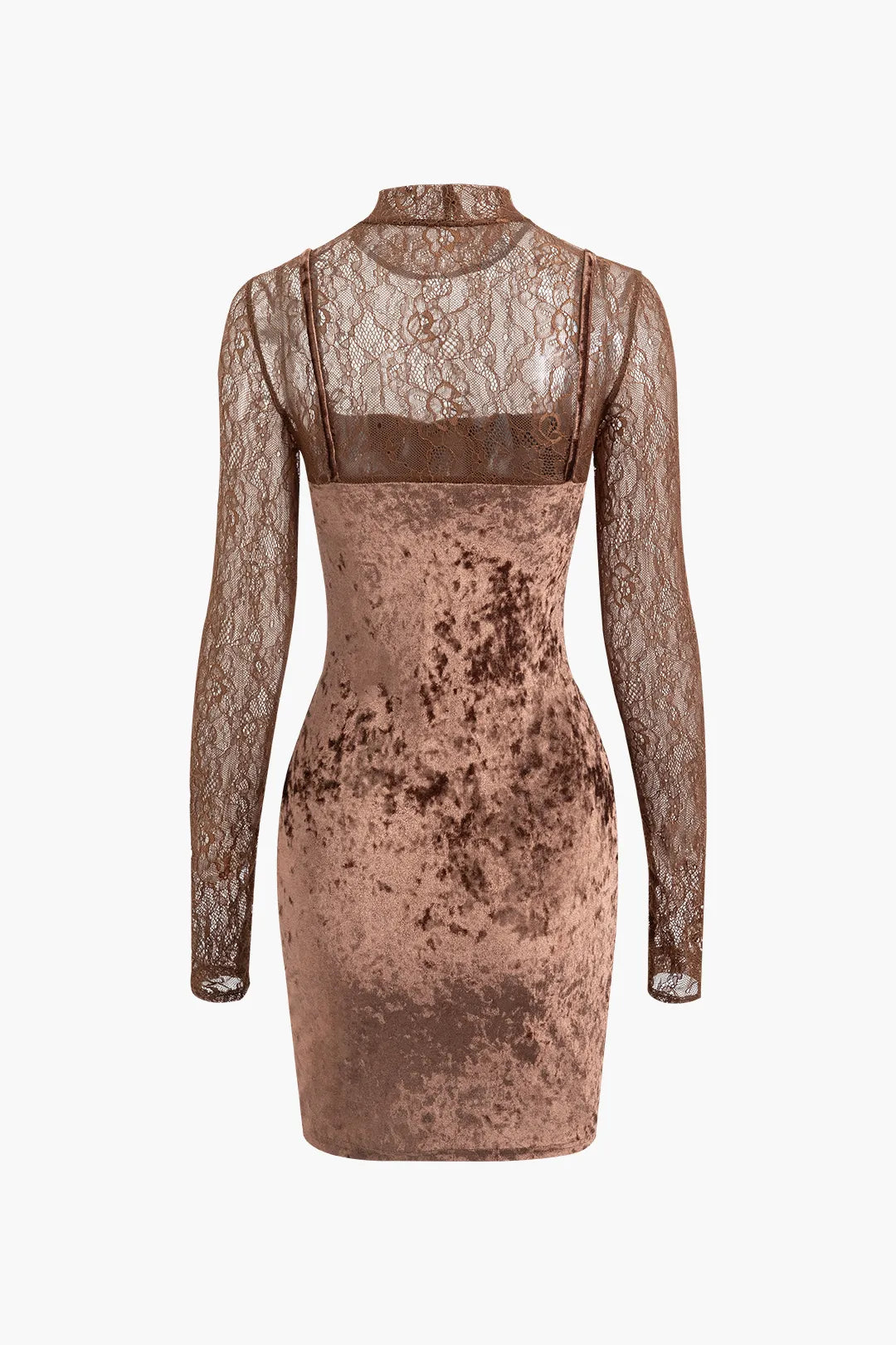 Aggie Brown Lace Panel Velvet Mock Neck Long Sleeve Mini Party Dress