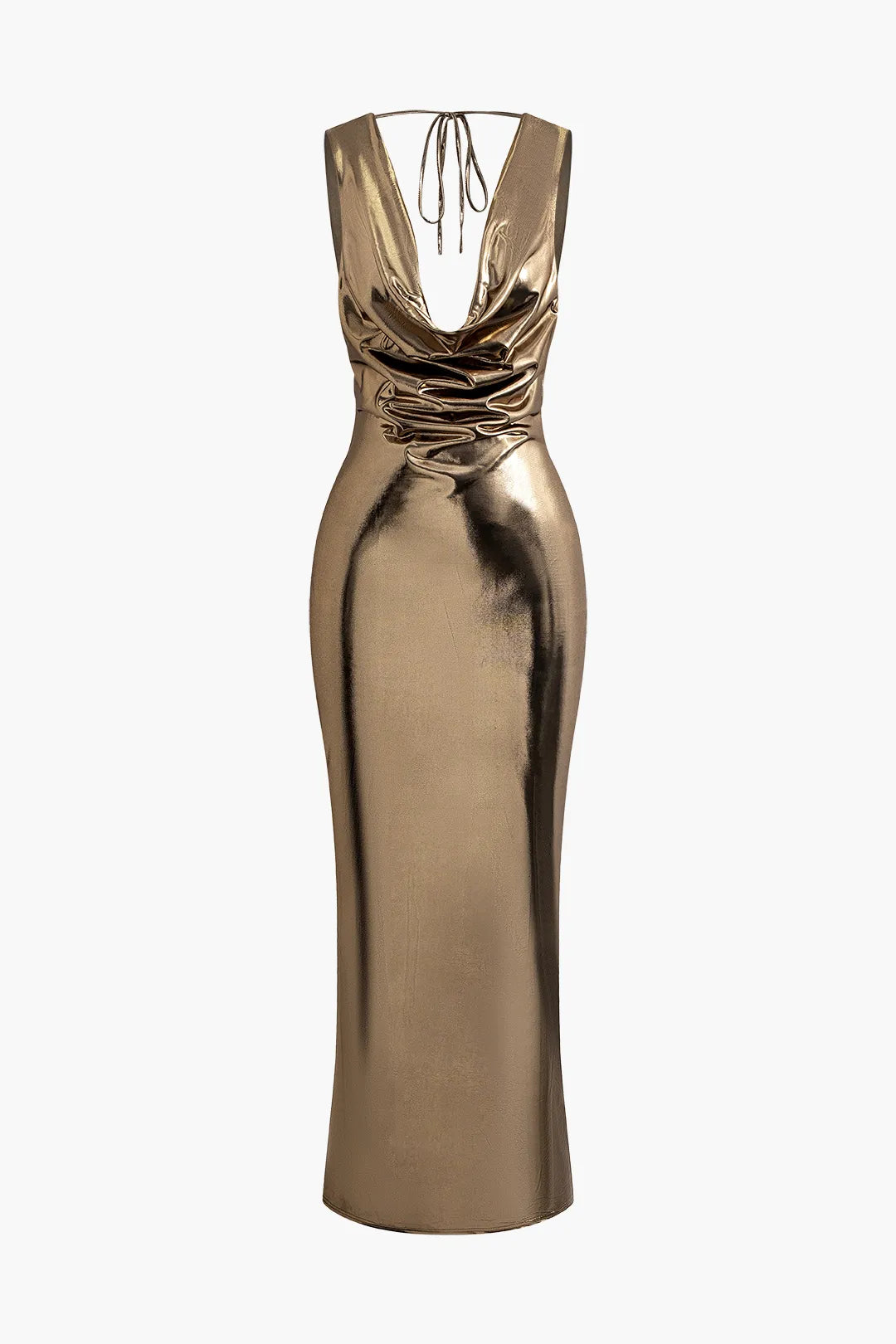 Aly Metallic Cowl Neck Tie Backless Sleeveless Maxi Party Dress