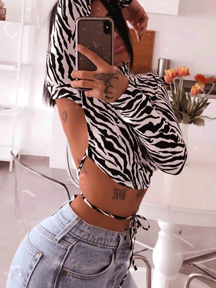 Animal Zebra Print Backless Cropped Tshirt Women Sexy Long Sleeve T-shirt Ladies Fashion Crop Tops Tees Streetwear