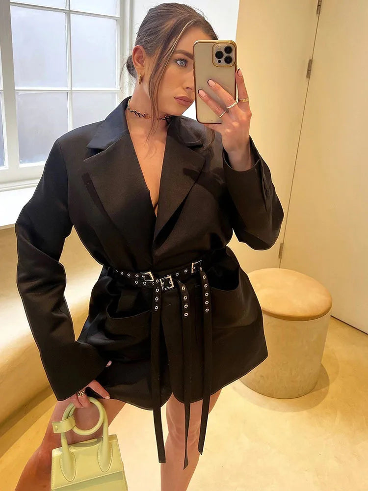 Double Layer Bandage Slim Blazer Women Long Sleeve Pocket Long Jacket Female Suit Outwear Tops Street Party  Autumn