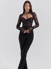 Elegant Lace Printed Patchwork Long Sleeve Hollow Out Women Top Set Sexy Perspective Fishbone Tight Strap Up 2025 Set