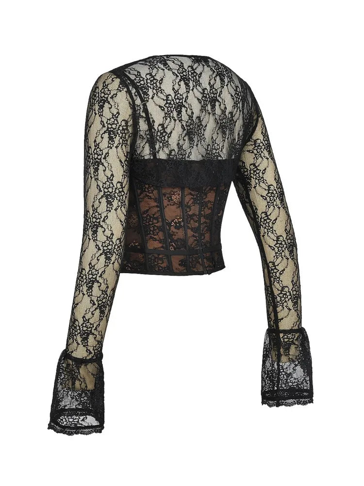 Elegant Lace Printed Patchwork Long Sleeve Hollow Out Women Top Set Sexy Perspective Fishbone Tight Strap Up 2025 Set