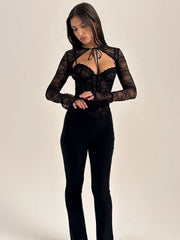 Elegant Lace Printed Patchwork Long Sleeve Hollow Out Women Top Set Sexy Perspective Fishbone Tight Strap Up 2025 Set