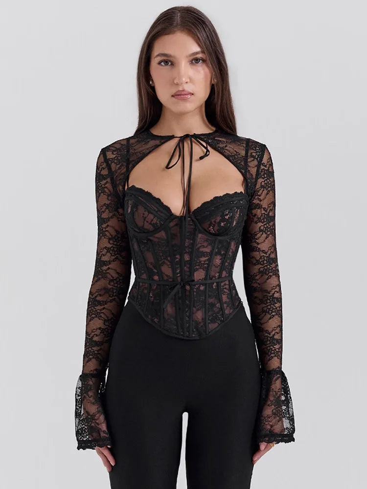 Elegant Lace Printed Patchwork Long Sleeve Hollow Out Women Top Set Sexy Perspective Fishbone Tight Strap Up 2025 Set