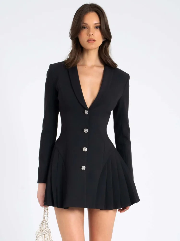 Fashion Long Sleeved Suit Button Slim Women Dress Jacket Sexy Bodycon Pleated Short Skirt Suit Autumn New  Clothing