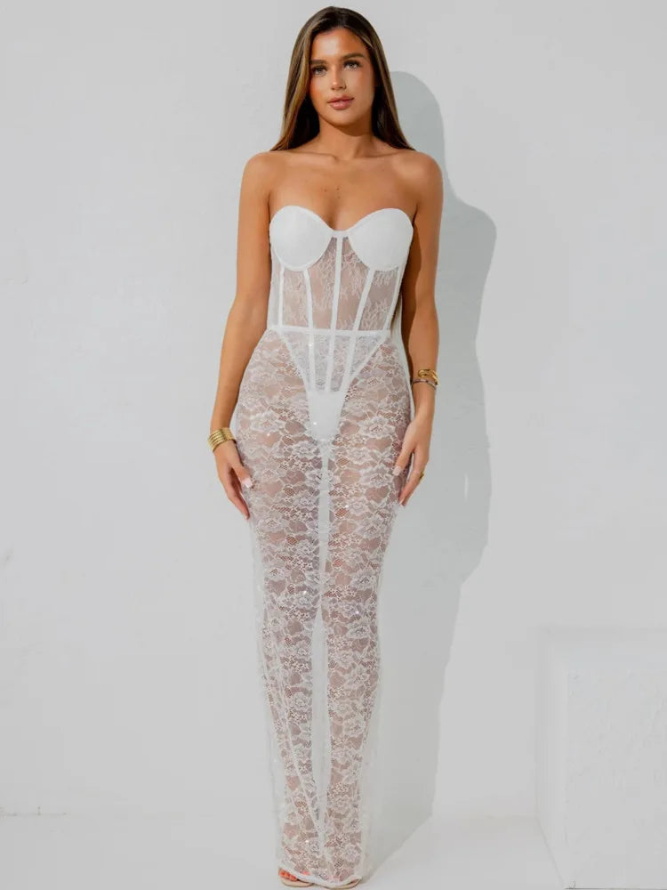 Sexy Lace Patchwork Bodysuit Long Skirt Set Women Zipper Tight Top Split Half Skirt See Through Two-piece Fall New