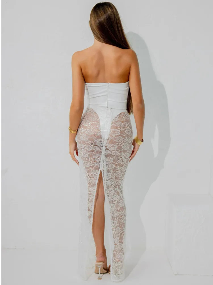 Sexy Lace Patchwork Bodysuit Long Skirt Set Women Zipper Tight Top Split Half Skirt See Through Two-piece Fall New