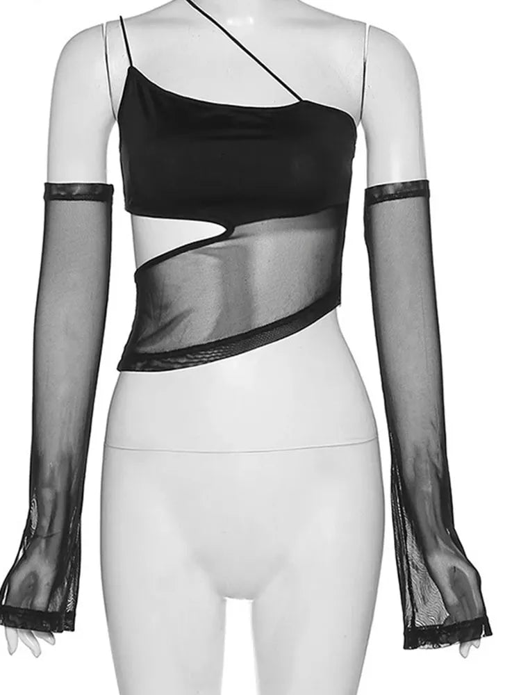 Asymmetrical Cut Out Mesh Crop Top with Sleeves Fairy Grunge Clothes Transparent Camisole Tank Tops