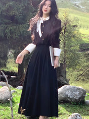 Autumn 2-piece Set Women Single Breasted Long Sleeve Cropped Jacket Pleated Long Skirt Solid High Waist Evening Party Outfits