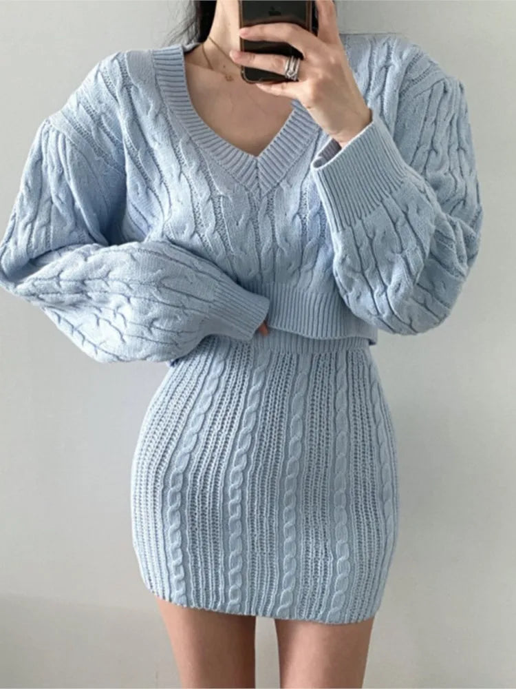 Autumn Winter Knitted Two-pieces Set Women Long Sleeve V-Neck Cropped Pullover Sweater Mini Skirt Korean Fashion Casual Outfit