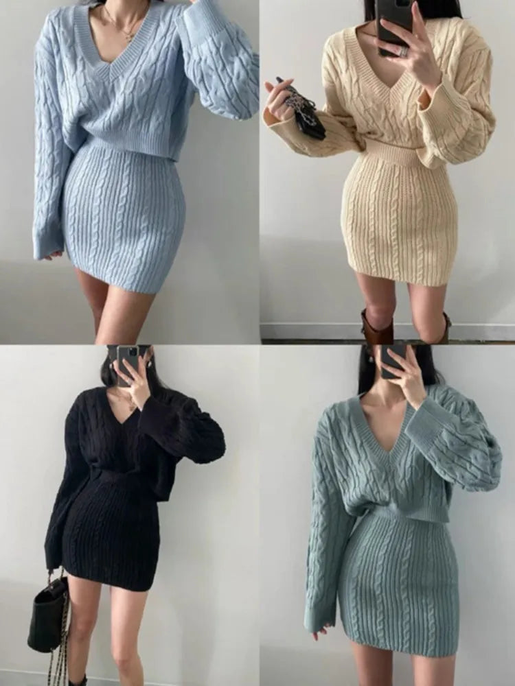 Autumn Winter Knitted Two-pieces Set Women Long Sleeve V-Neck Cropped Pullover Sweater Mini Skirt Korean Fashion Casual Outfit