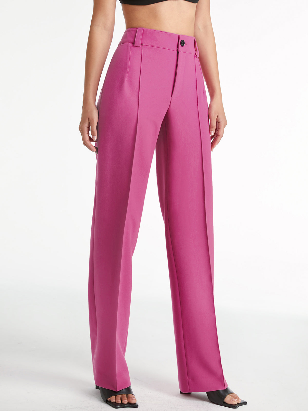 High Waisted Pleat Front Solid Colored Straight Leg Trousers