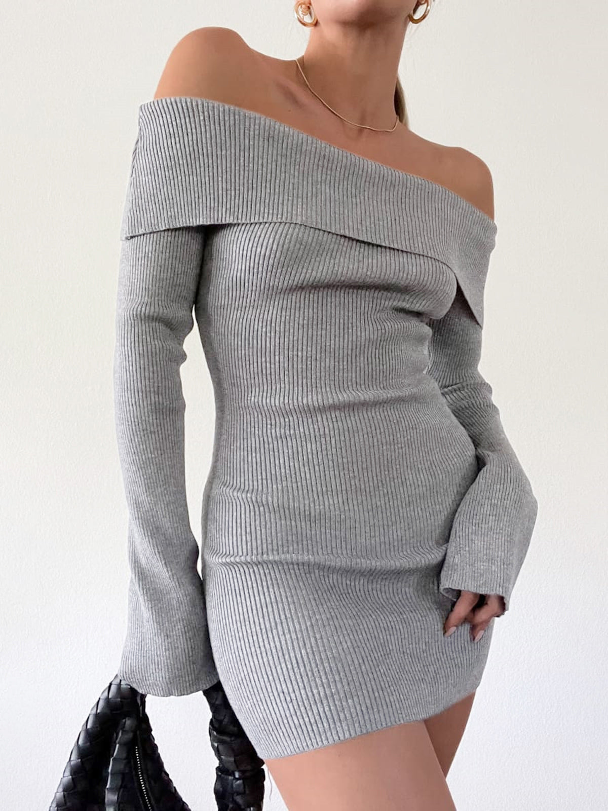 Solid Off Shoulder Ribbed Short Dress