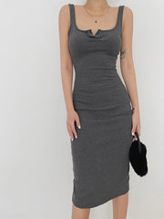 Square Neck Bodycon Slit Midi Dress