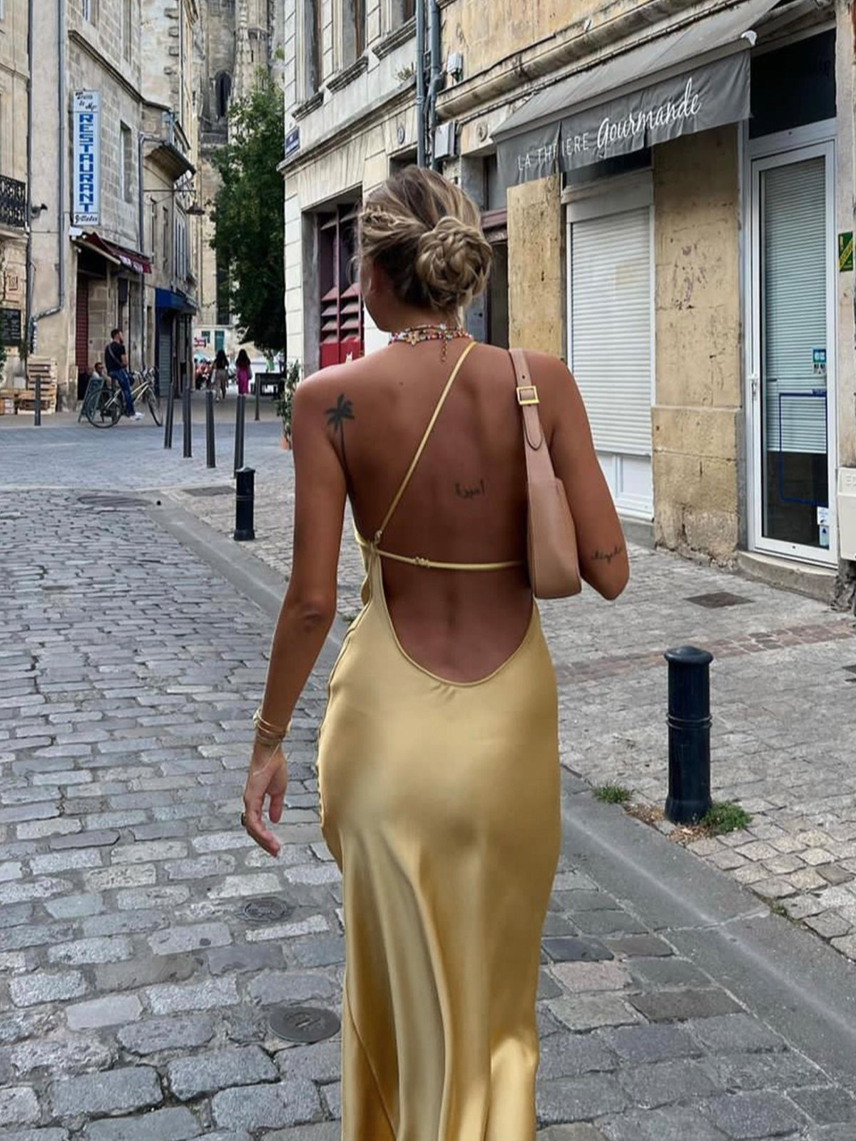 Moonlight Open Back Satin Slit Long Dress