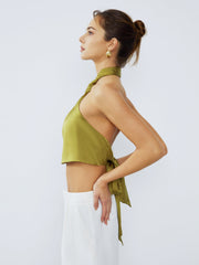 Halter Neck Twist Open Back Satin Crop Top