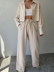 Collared Drawstring Two Piece Pants Set