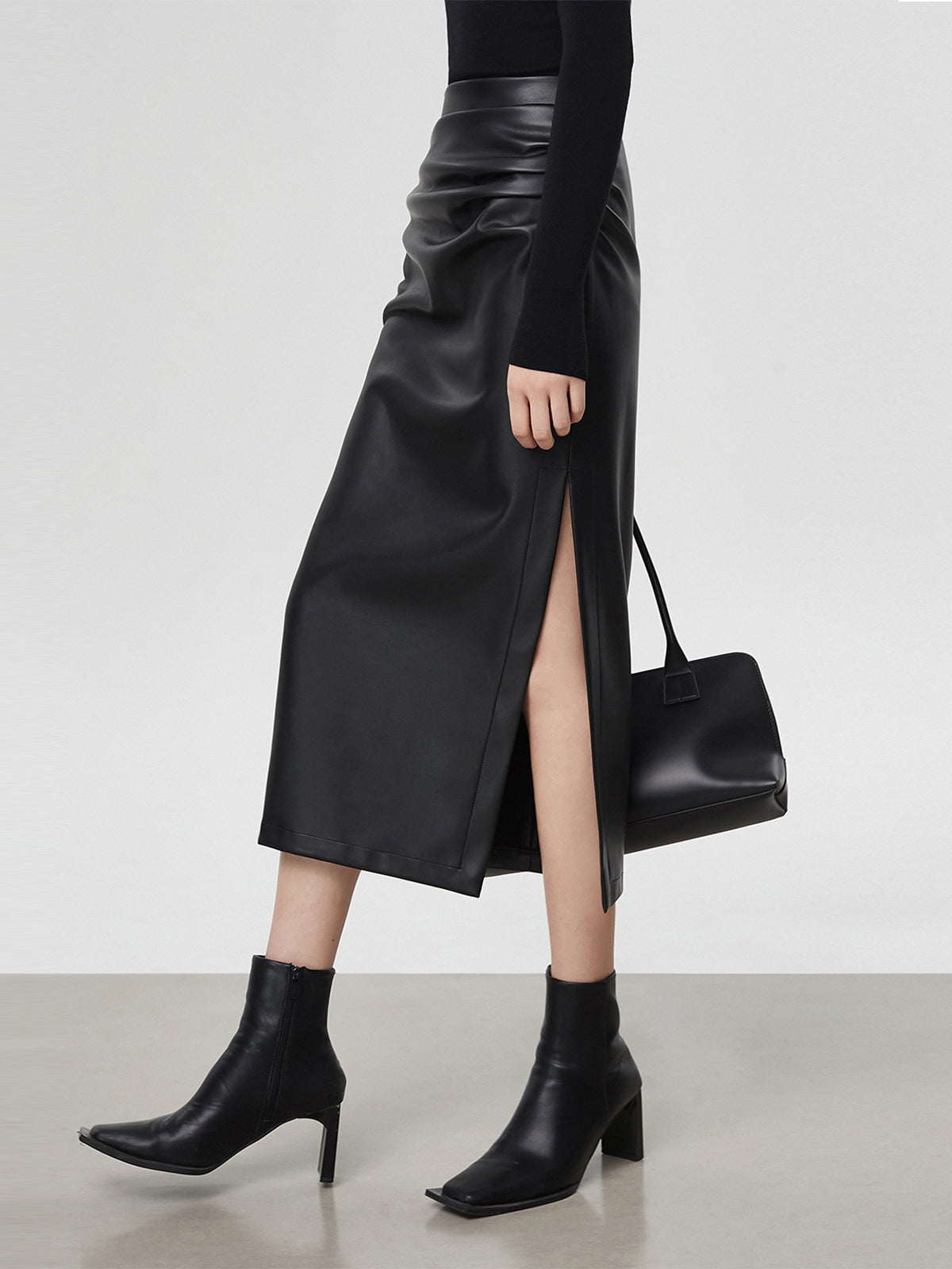 Faux Leather Ruched Slit Midi Skirt