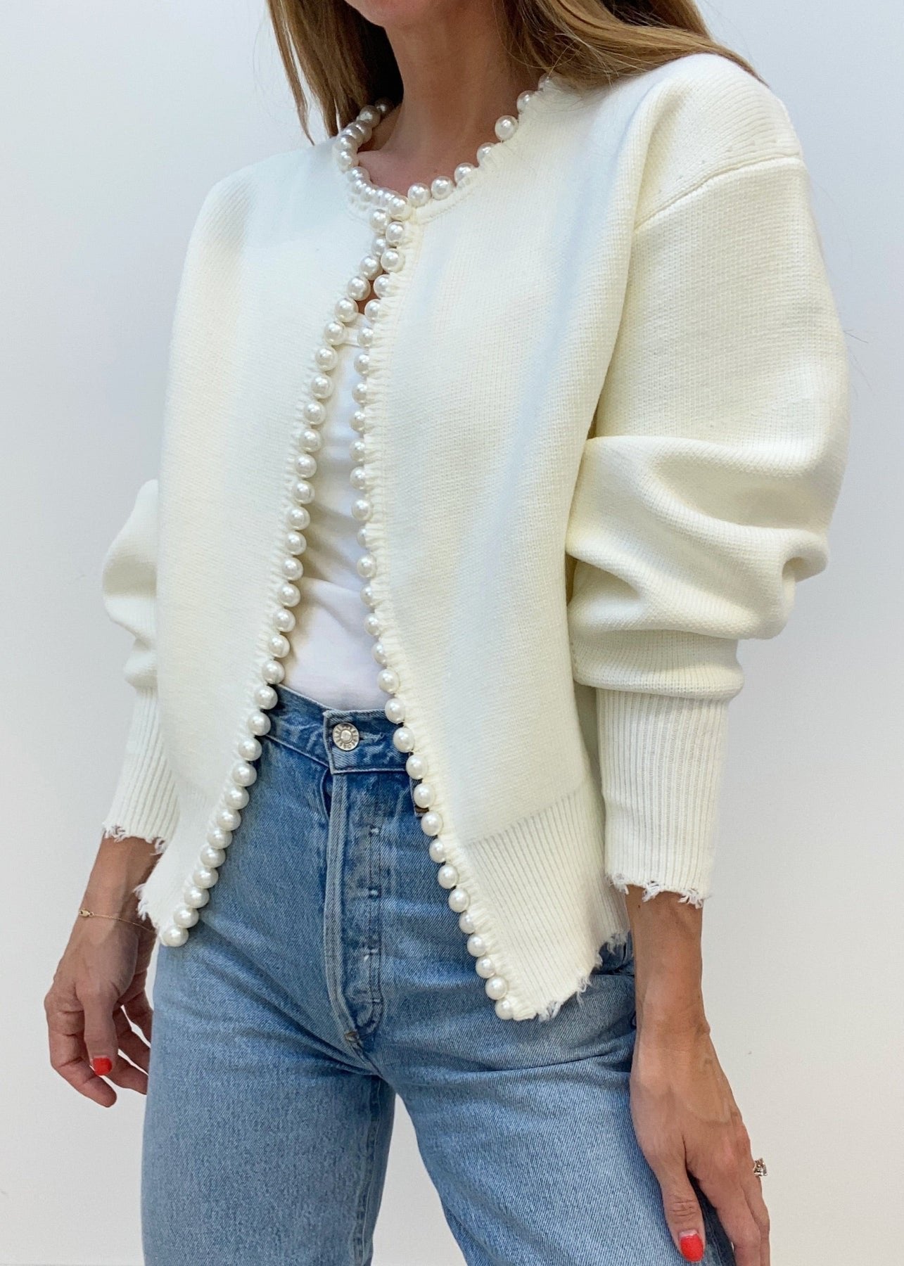 Pearl Trim Luxe Frayed Cardigan