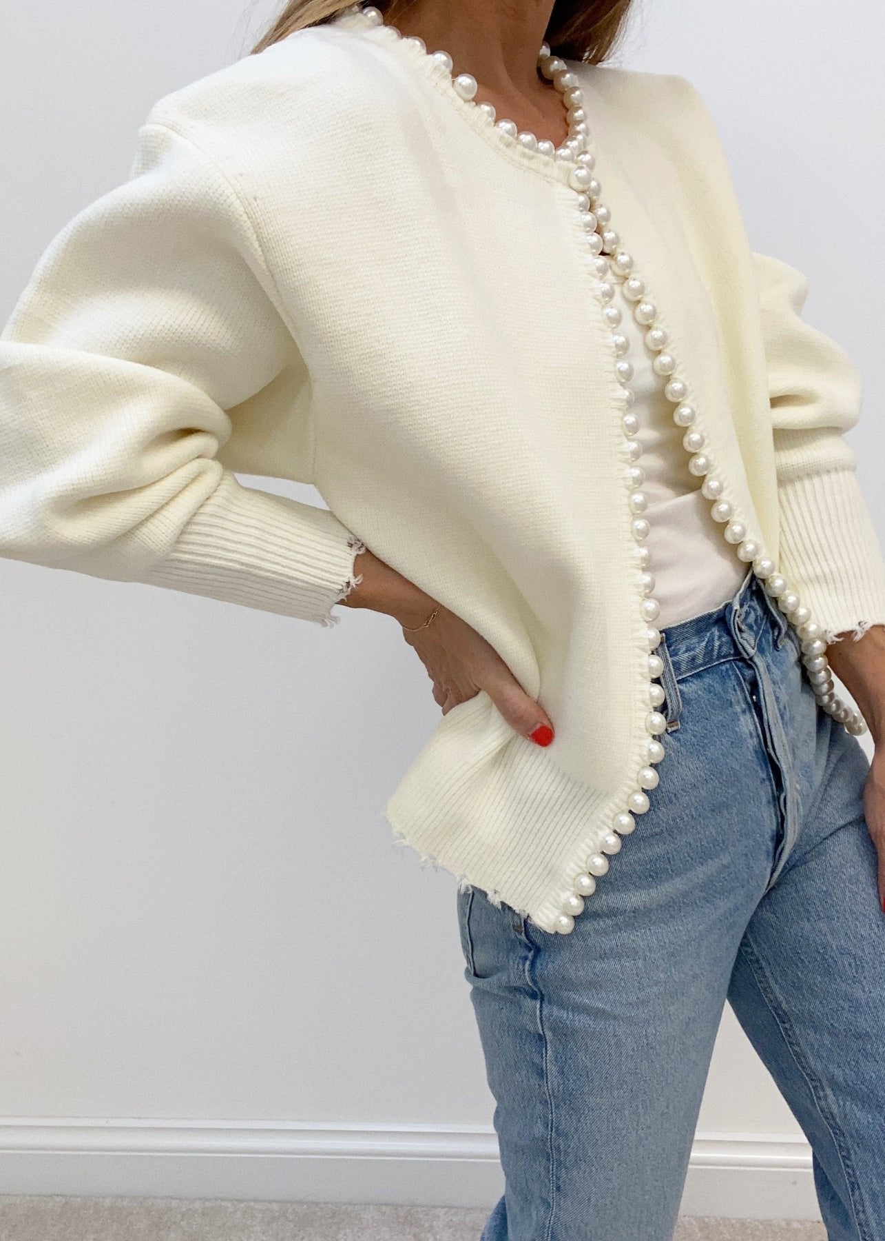 Pearl Trim Luxe Frayed Cardigan