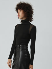 Patchwork Mesh Turtleneck Long Sleeve Bodysuit