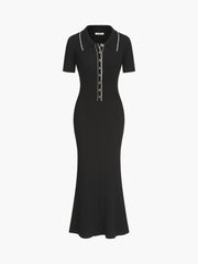 Contrast Trim Polo Long Knit Dress