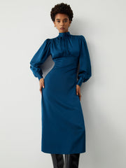 Satin Mock Neck Tie Back Long Sleeve Midi Dress