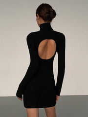 Turtleneck Open Back Long Sleeve Short Dress