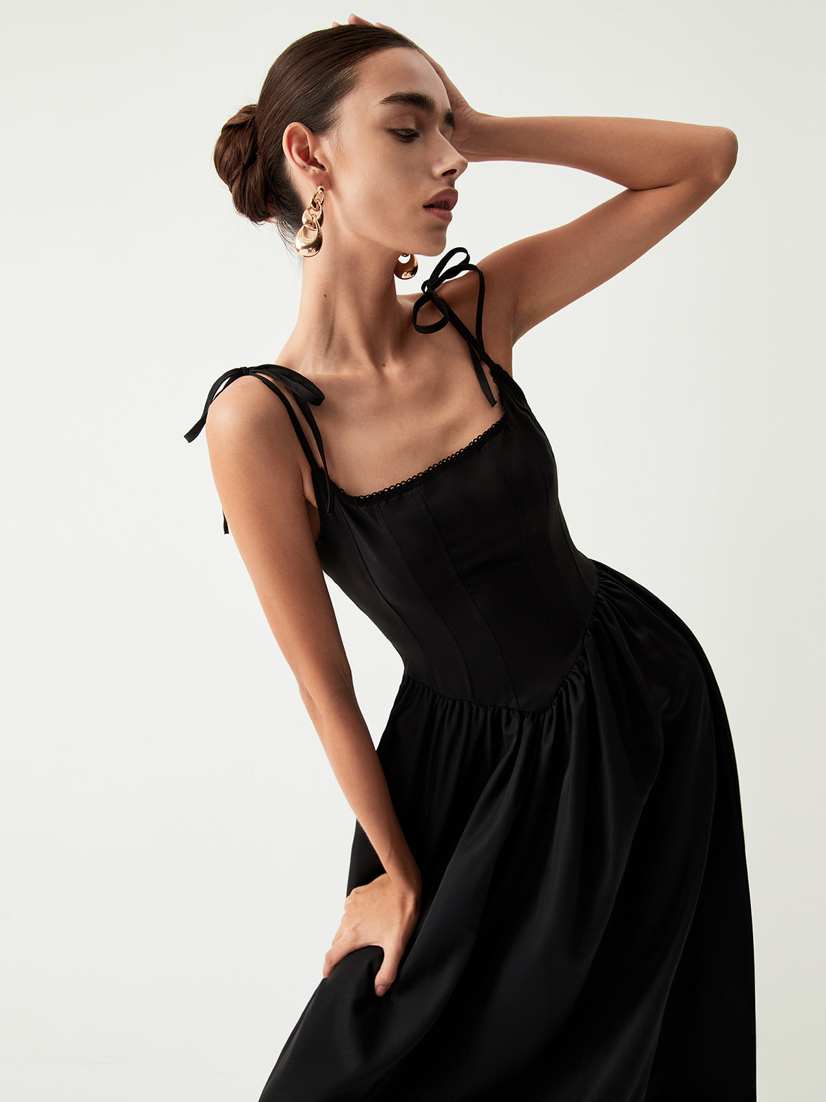 Tie Shoulder Pleated Midi Dress