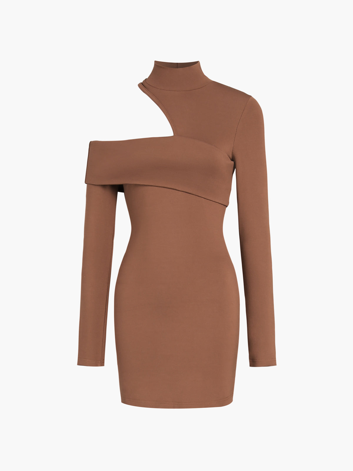 Mock Neck Oblique Cutout Rib Long Sleeve Short Dress