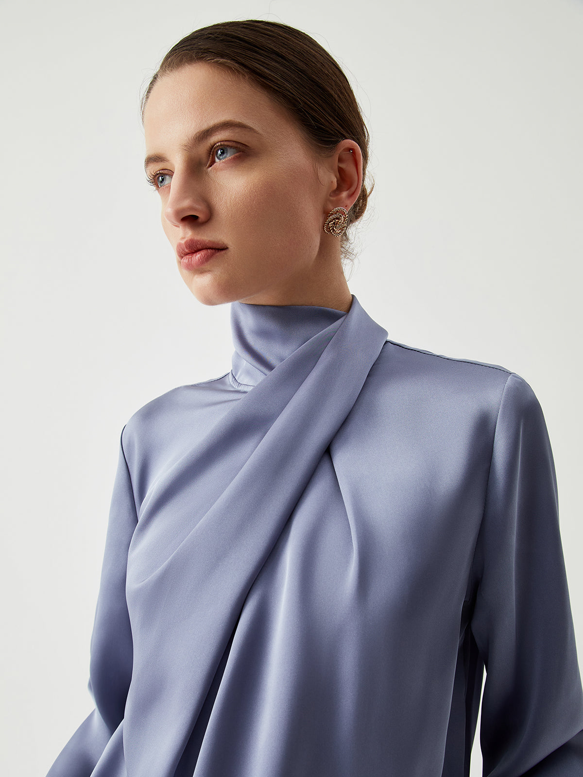 Asymmetric Pleated Turtleneck Satin Shirt