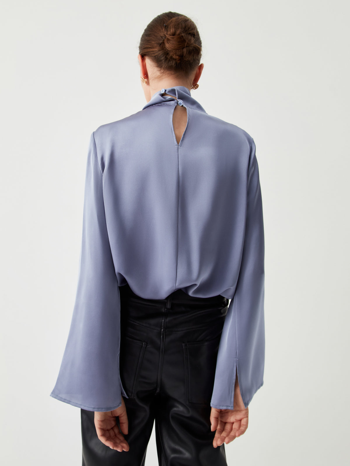 Asymmetric Pleated Turtleneck Satin Shirt