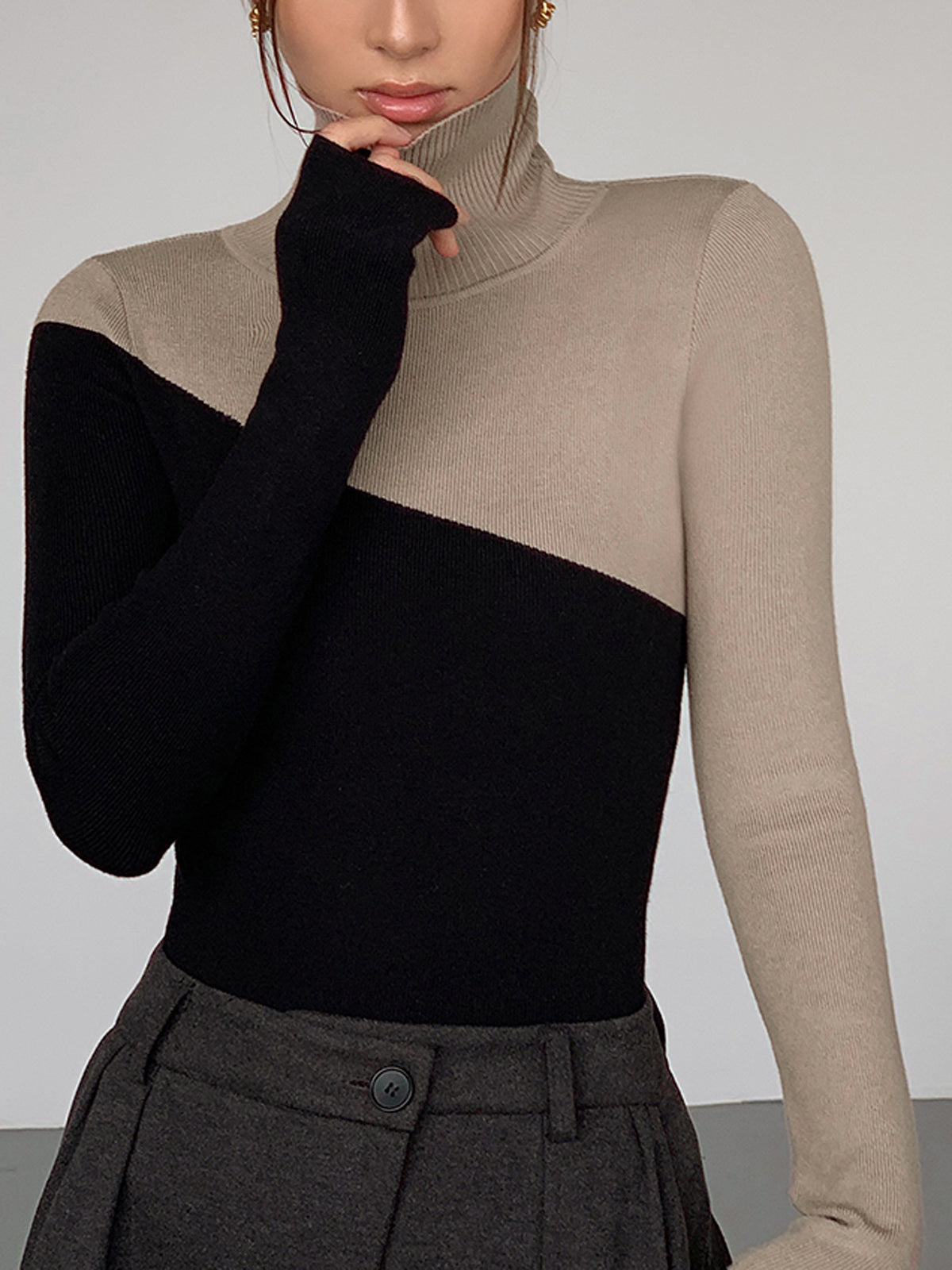 Asymmetric Patchwork Long Sleeve Mock Neck Knit Top