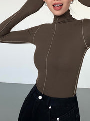 Slinky Turtleneck Contrast Trim Ribbed Knit Shirt