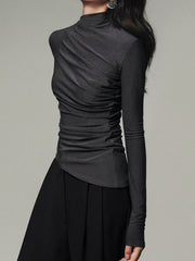 Asymmetric Collar Draped Long Sleeve Shirt